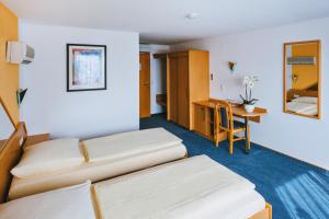莱茵河畔威尔Hotel Central的酒店客房配有两张床和一张书桌