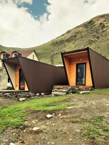 卡兹贝吉Tiny House Kazbegi的山坡上一座棕色屋顶的房子