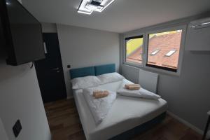 菲拉赫Stadthotel Das Villach的一间小卧室,配有床和窗户