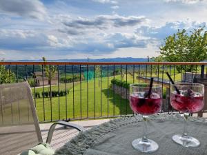 SemičVineyard cottage Lan na Hribu的阳台上的桌子上放着两杯葡萄酒