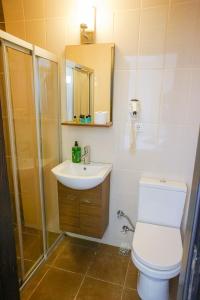 王子岛群My Way Cadde Butik Otel的浴室配有卫生间、盥洗盆和淋浴。
