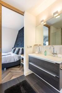 埃本埃迈尔Rue Haute by M&M 4 sterren bed en breakfast vlakbij Maastricht的一间带水槽和镜子的浴室以及一张床