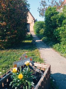 索普隆LakeLove Házikó Sopron- Erdő és tópart mellett的人行道上花卉花园的标志