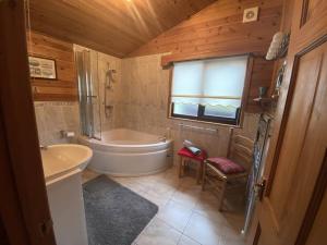 罗厄德南Cozy Cabin with Stunning Loch Lomond Views的带浴缸、卫生间和盥洗盆的浴室
