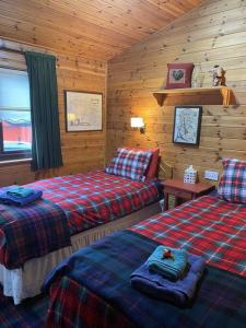 罗厄德南Cozy Cabin with Stunning Loch Lomond Views的小木屋内一间卧室,配有两张床