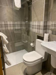 皮特洛赫里Garden Rooms Ferry Rd Pitlochry的带淋浴、卫生间和盥洗盆的浴室