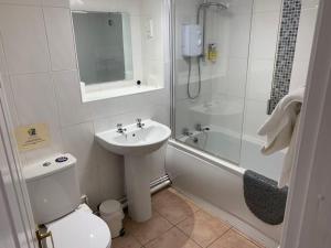 什鲁斯伯里阿伯特米德酒店的浴室配有卫生间、盥洗盆和淋浴。
