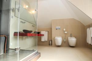 赖斯韦克Hotel & Spa Savarin - Rijswijk, The Hague的浴室设有2个卫生间和玻璃淋浴间。