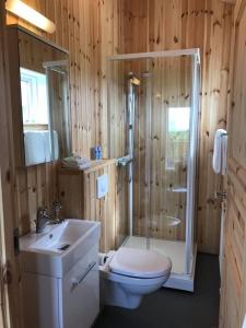 霍尔斯沃德吕尔海克拉冒险山林小屋的带淋浴、卫生间和盥洗盆的浴室
