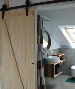 巴特利本采尔Ausblick Maisenbach的带淋浴门和盥洗盆的浴室