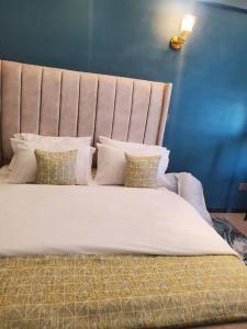 内罗毕Cozy Studio Stay Kilimani Valley Acarde Area的卧室配有带枕头的大型白色床