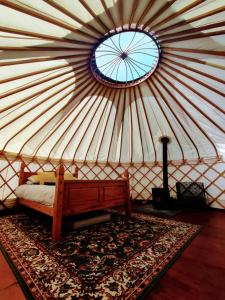 GraffhamBeautiful Yurt with stunning South Downs views的蒙古包内带床的房间,带窗户