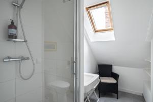 圣马洛Villa Sainte Geneviève的带淋浴、卫生间和盥洗盆的浴室