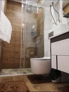 巴统Стильная квартирка у моря的带淋浴、卫生间和玻璃淋浴间的浴室