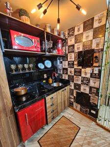 巴西利亚Studio Aisiki - Apartamento em Brasília的厨房配有水槽和红色微波炉