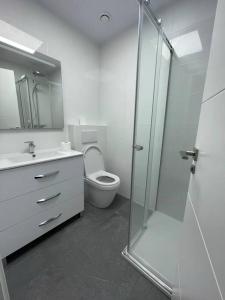 马萨龙New built 3-bed penthouse with pool, Mar de Plata的一间带卫生间和玻璃淋浴间的浴室