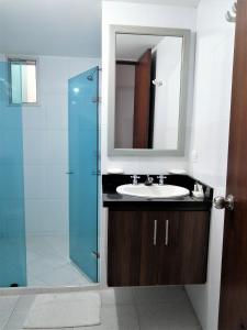 辛塞莱霍Hotel Panorama的一间带水槽和镜子的浴室