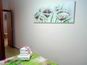 拉雷斯廷加One bedroom apartement at La Restinga Isla del Hierro 200 m away from the beach with wifi的床上墙上的花画
