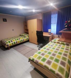 什科菲亚洛卡Apartment Sopar的一间卧室配有两张床和一张带电脑的书桌