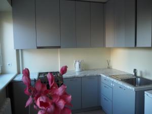帕内韦日斯B&K apartments的厨房配有白色橱柜、水槽和粉红色的鲜花