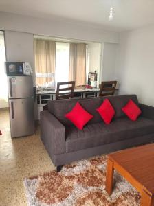 KakamegaMusundi Luxury Homes的客厅配有黑色沙发和红色枕头
