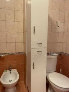 布达佩斯Kis-Celli apartman的一间带卫生间和水槽的浴室