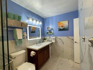 檀香山Amazing waikiki Beach condo 2Bed2Bath+free Parking的浴室设有蓝色的墙壁、卫生间和水槽。