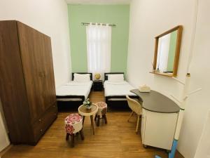 特拉布洛斯City Hostel Dormitory的客房设有两张床、一张桌子和镜子