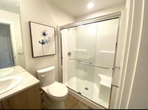 悉尼Perfect Brand New Condo Downtown Sidney的带淋浴、卫生间和盥洗盆的浴室