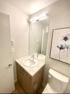 悉尼Perfect Brand New Condo Downtown Sidney的一间带水槽、卫生间和镜子的浴室