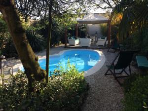 彼得拉桑塔维多米尼公寓住宿加早餐旅馆的一个带椅子和一棵树的庭院内的游泳池