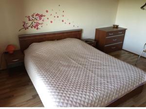 Cornu de JosCasa Alexandra - Cornu的一间卧室配有一张床,墙上挂着鲜花的梳妆台
