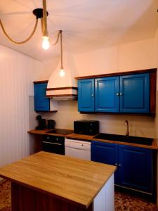 科利尤尔Charmante maison de village Collioure的厨房配有蓝色橱柜和台面