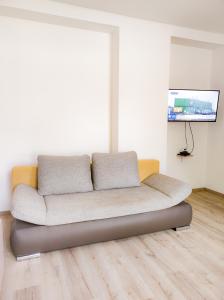 塞格德Harmónia Vendégház的客厅设有一张沙发,配有平面电视。
