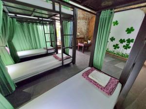 会安Calm House 2 HOSTEL的客房设有床和带绿色窗帘的窗户。