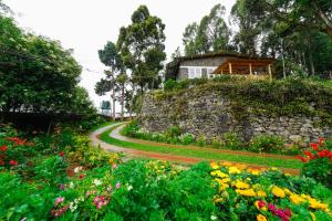 科代卡纳尔De Huts Kodaikanal的一座花园,花园内种有五颜六色的鲜花,设有石墙