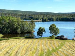 MörsilBrinkeboda Wärdshus的河边的大田地,有房子