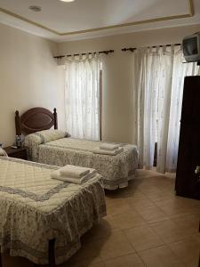 Benalúa de GuadixEl Carmen的一间卧室配有两张床、窗帘和电视