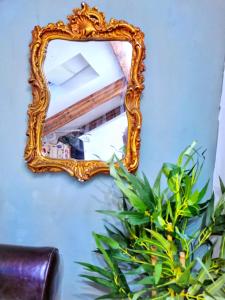 MurtonSafire home的挂在蓝色墙上的华丽的金色镜子