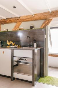 IlpendamAuthentic apartment in farmhouse near Amsterdam的厨房配有不锈钢台面和水槽