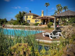 蒙卡拉帕舒La Palms Villa的一座带游泳池和带椅子的甲板的房子