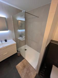 比亚里茨Apartment hyper-center Biarritz with parking的一间带玻璃淋浴和水槽的浴室