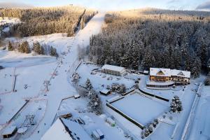 伏尔塔瓦河畔利普诺Hotel SLUNEČNÁ LOUKA的雪地中滑雪胜地的空中景观