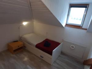 蒙克拉西科Ampia Mansarda a Dimaro in Val di Sole的一个小房间的小床,设有窗户