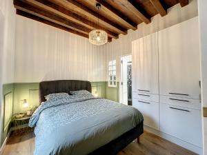 特鲁瓦Les Terrasses du Bouchon的一间卧室配有一张大床和一个吊灯。