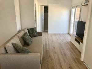 弗龙蒂尼昂Appartement en bord de plage serviettes non incluses的带沙发和平面电视的客厅