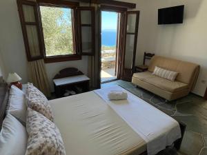 瓦西Mirsini Apartments的一间卧室配有一张床、一张沙发和一个窗口