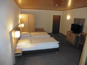沃尔夫斯堡Hotels Landhaus Dieterichs的酒店客房设有两张床和电视。