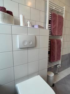 腓特烈港Ferienwohnung Bodenseeglück的一间带卫生间和毛巾的浴室