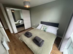 利物浦Pettit Apartments - Central "Free Parking"的一间卧室配有一张带两个枕头和镜子的床